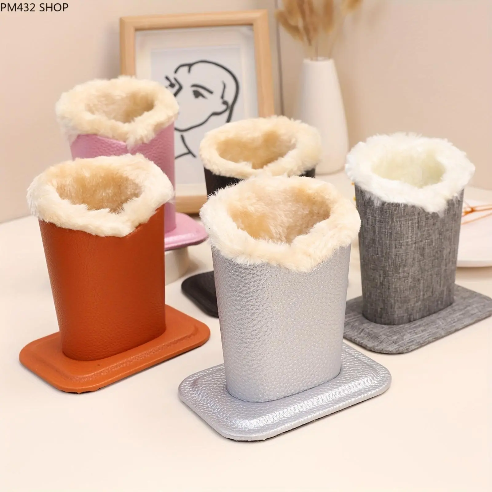 Faux Fur Eyeglasses Holder Stand – Leather Desk Glasses Storage Display Rack, Soft Plush Eyeglass Case Organizer, Fashion Desktop Sunglasses Holder & Pen Cup