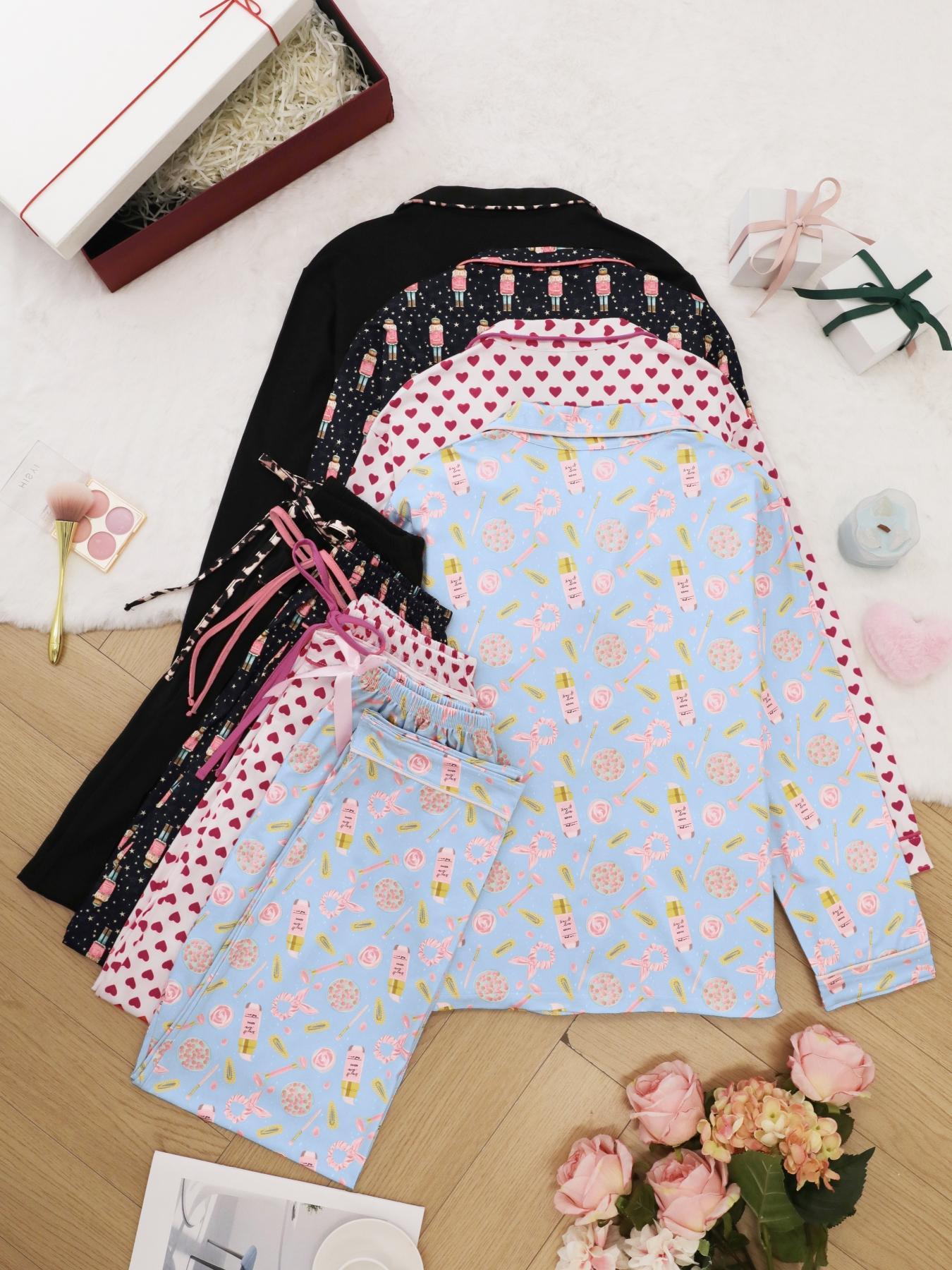 Women's All Over Print Lapel Neck Pajama Set, Long Sleeve Button Top & Tie Front Pants PJ Set, Casual Comfy Loungewear Set for Women