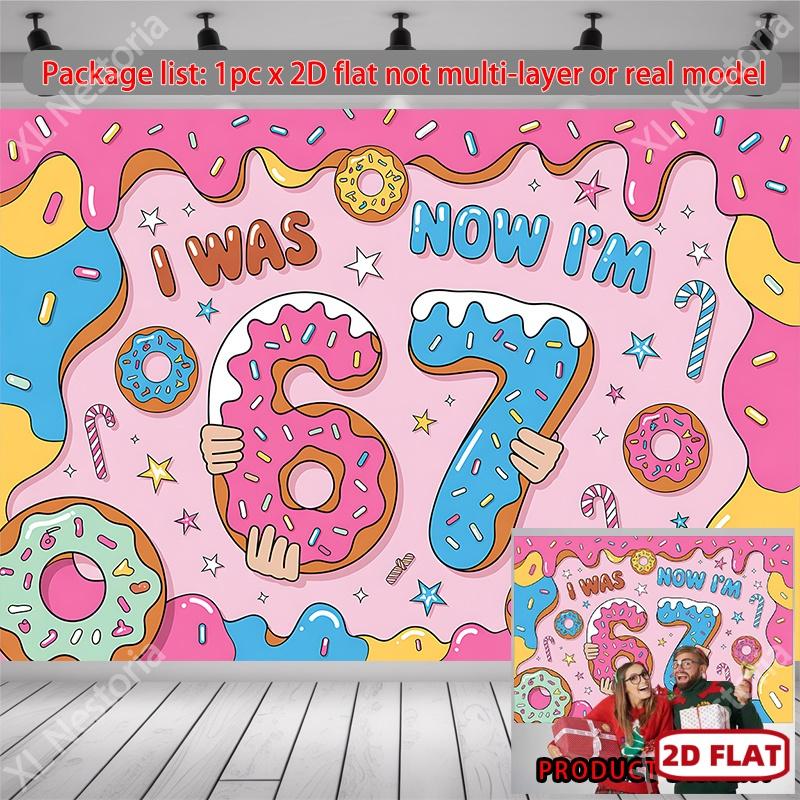 2D Flat, 2D Flat Banner, 1pc Donut-themed Birthday Card with Numbers "67" Background Cloth Decoration, Art Decoration, Suitable for Gifts, Parties, Living Rooms, Apartments, Bedrooms, Dormitories, Home Decorati