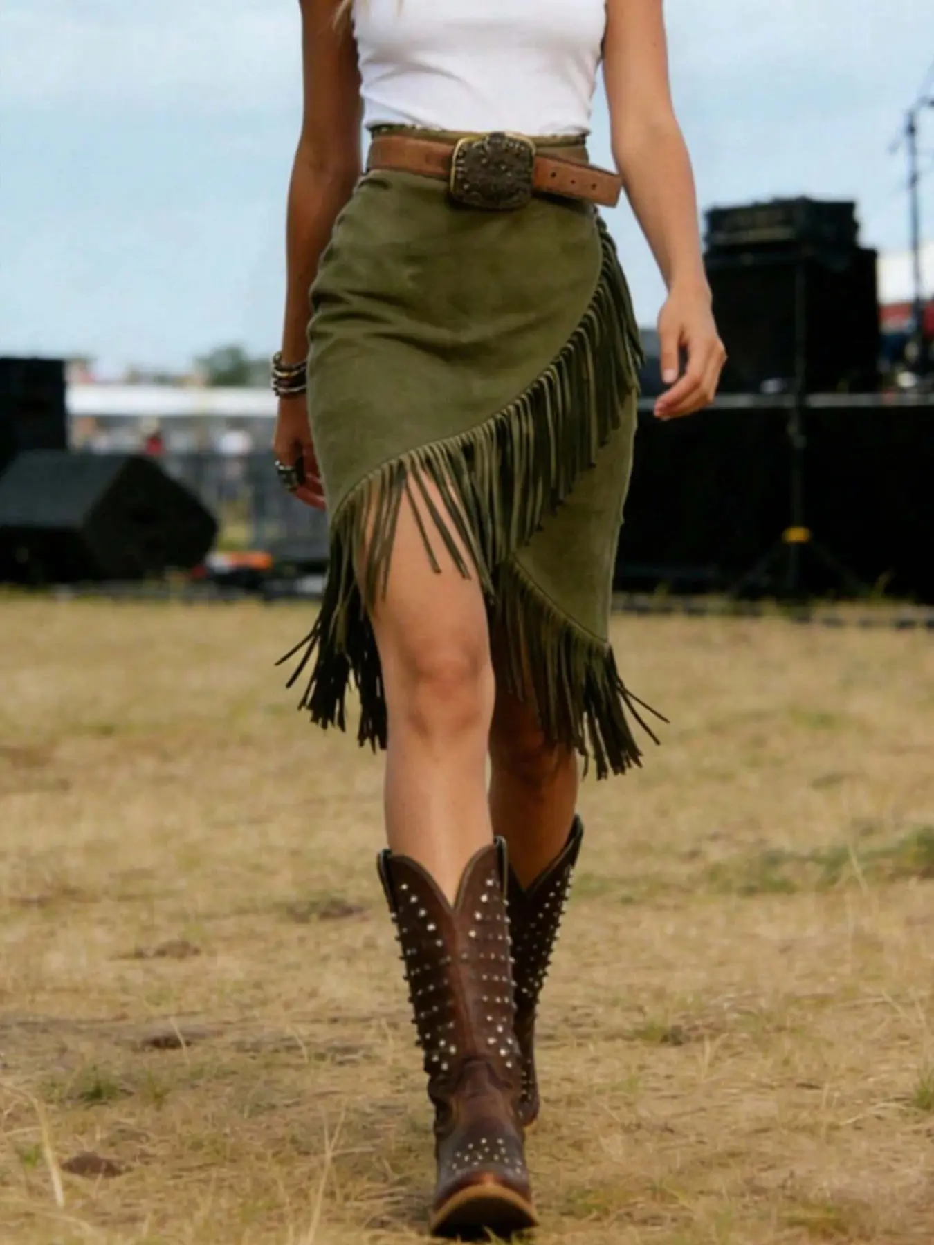 American Retro Western Cowgirl High Waist Faux Fur Fringe Midi Skirt, Asymmetrical Slimming Festival Half Skirt (no Belt)