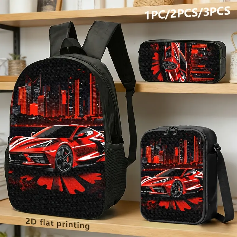 Unisex 3-Piece Athletic Backpack Set, Polyester Waterproof School Bags with Sports Car & Neon Cityscape Print, Includes Lunch Bag & Pencil Case