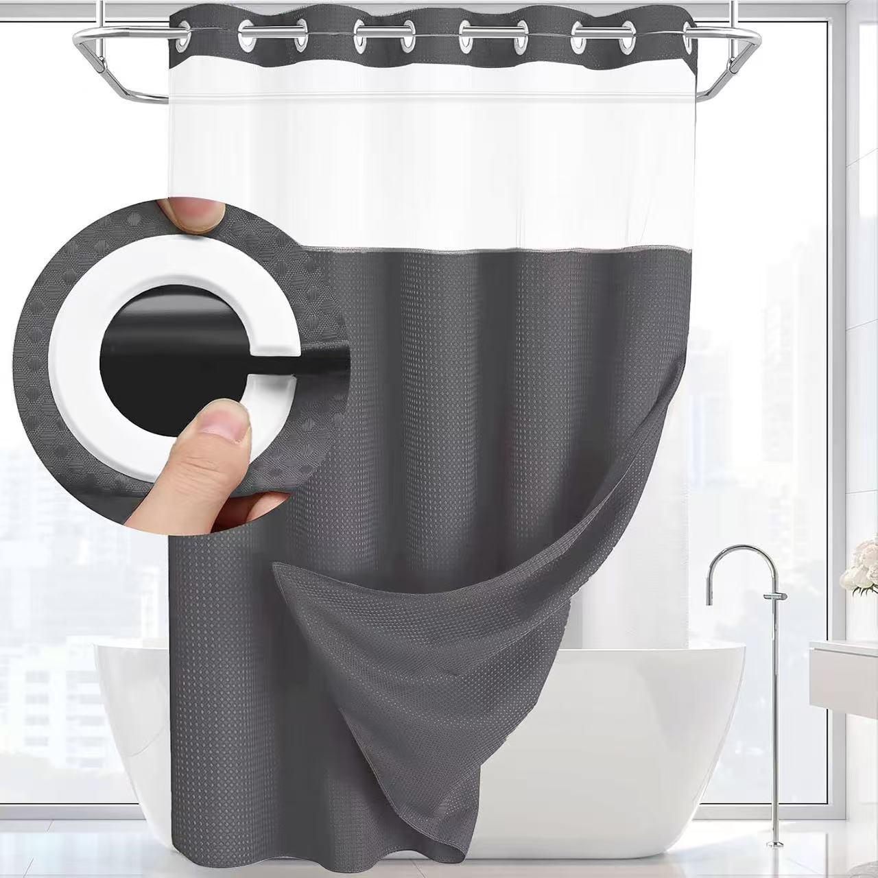 Waffle No Hook Double Layer Solid Color Shower Curtain with Sheer Waterproof Polyester Bath Curtain Detachable Suitable for Hotel Bathroom Partition
