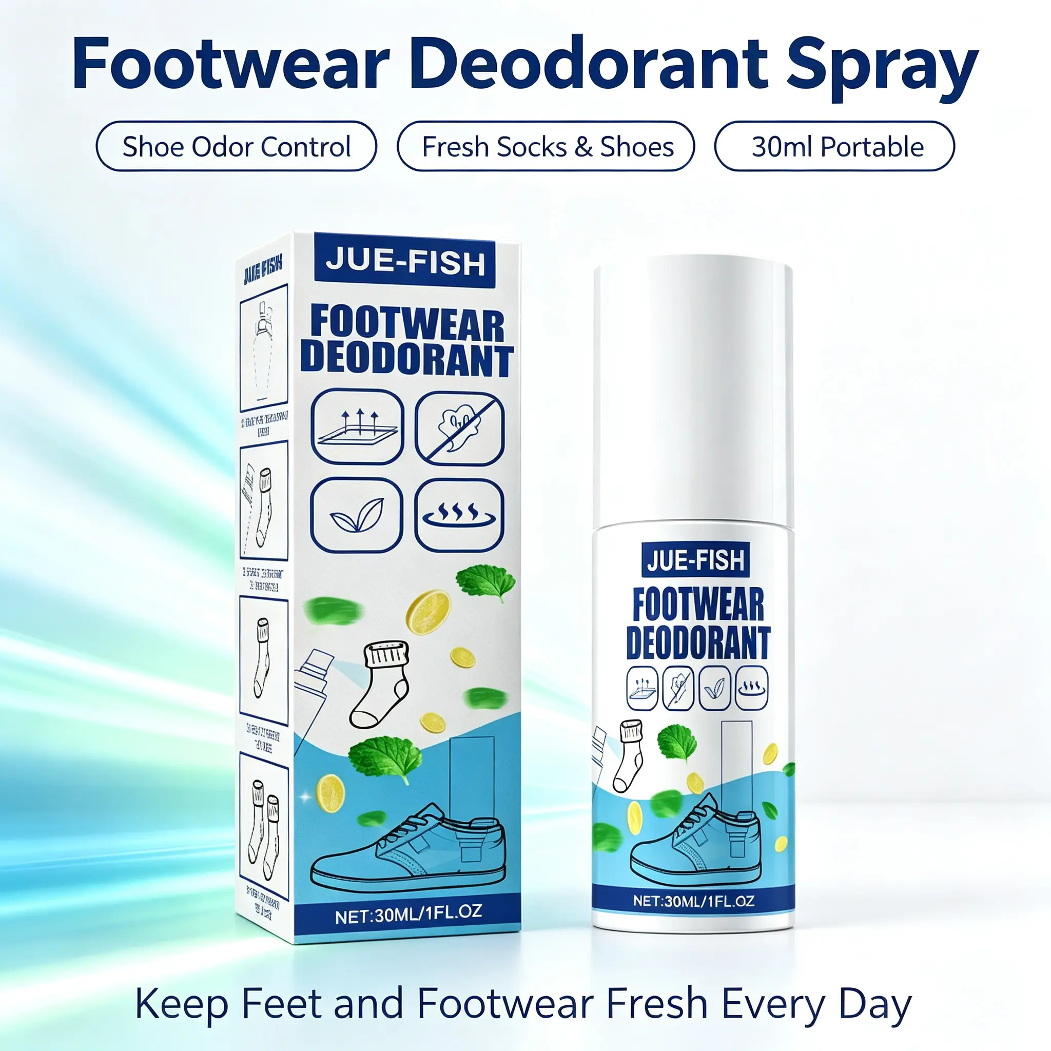 30ml Shoe Odor Eliminator Spray Bottle, Powerful Deodorizing Footwear Care for Sneakers, Socks, and Shoe Cabinets, Keeps Feet Fresh and Dry