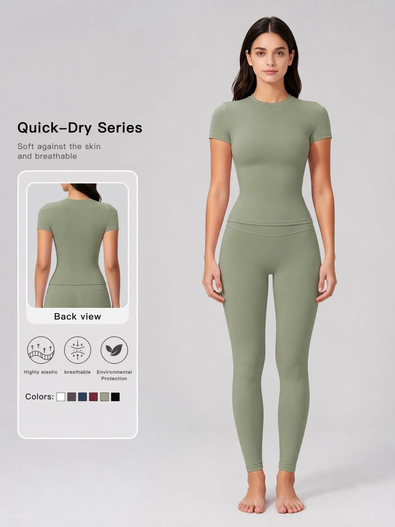 ST6374 Minimalist Quick-Dry Sport Set, Round Neck T-Shirt + High Stretch Yoga Pants, Eco-Friendly Casual Fitness, Sustainable Workout Wear