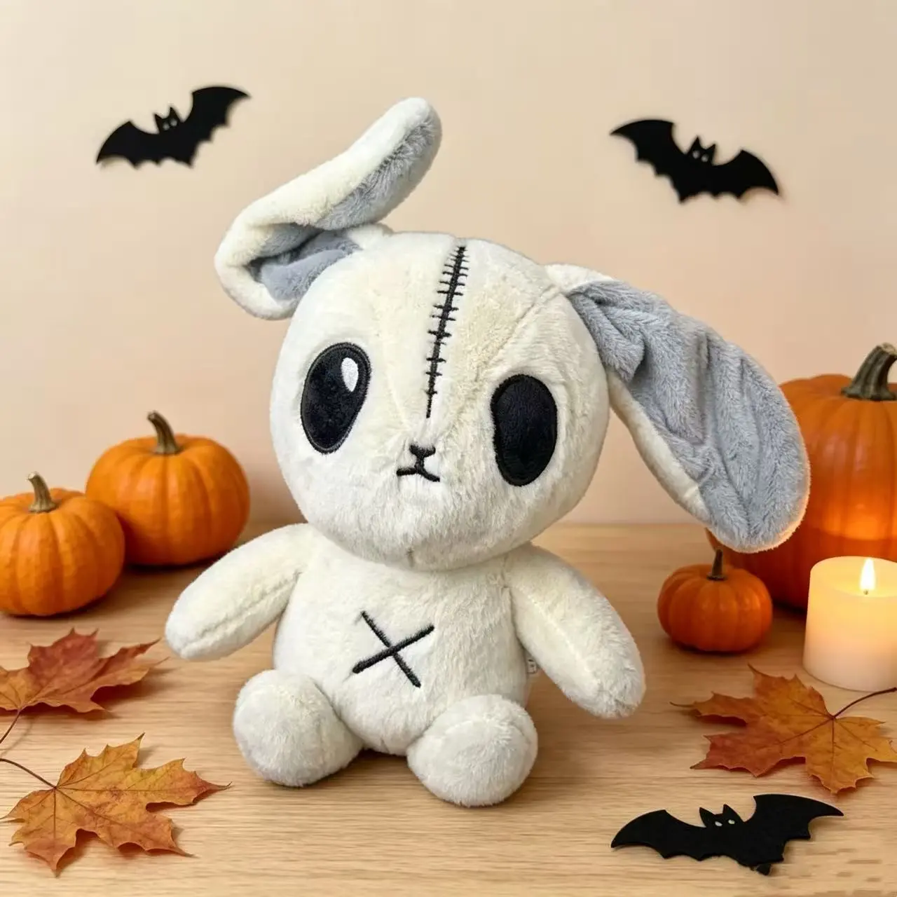 Gothic Stitched Bunny Stuffed Doll, Embroidered Big-Eared Rabbit, Spooky Cute Soft Pillow, Halloween-Style Kawaii Home Decor Gift for Teens