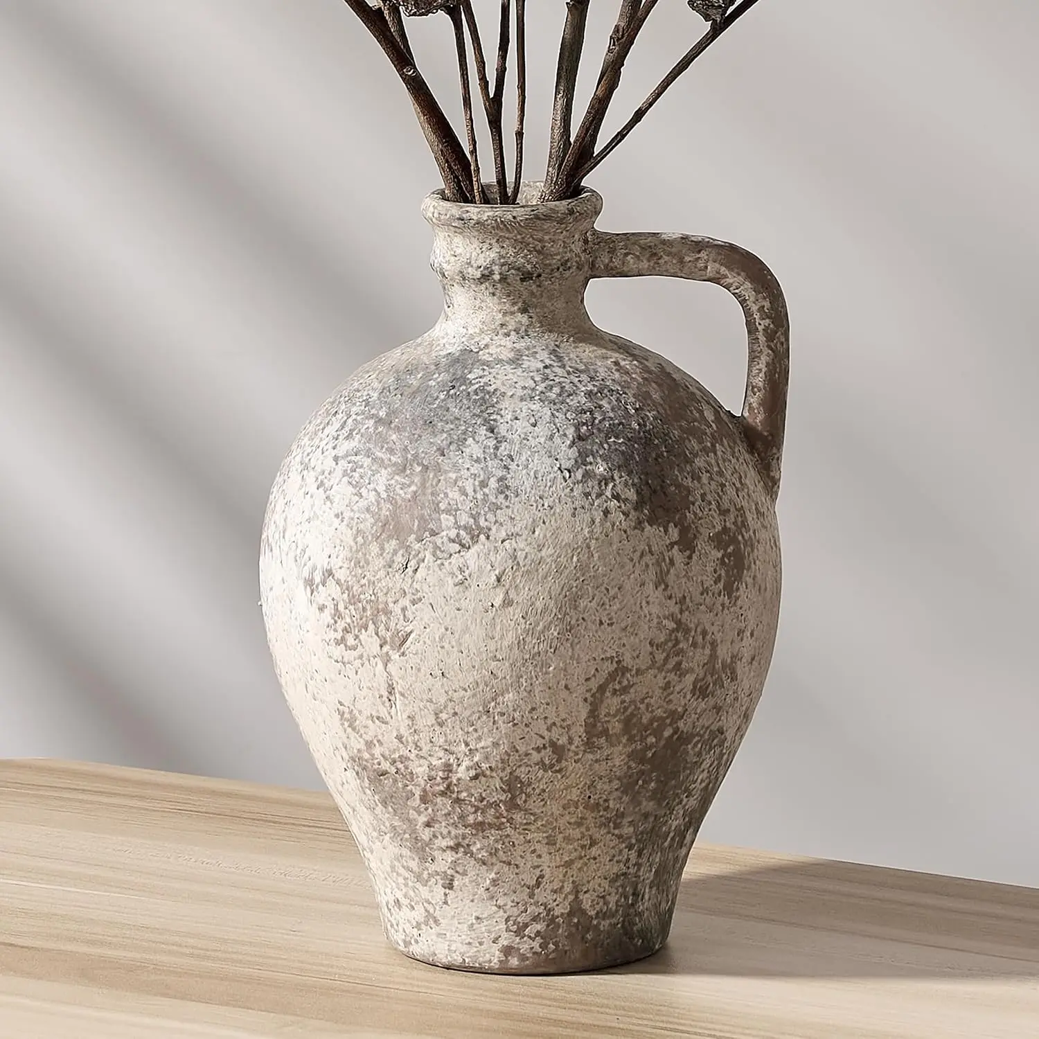 Antique Ceramic Vase, 8.3 Inch Terracotta Vase with Handle, Tuscan Decor Decorative Vase, Rustic Vase for  Decor, , Living Room, Floor, Wedding, Christmas- Gray