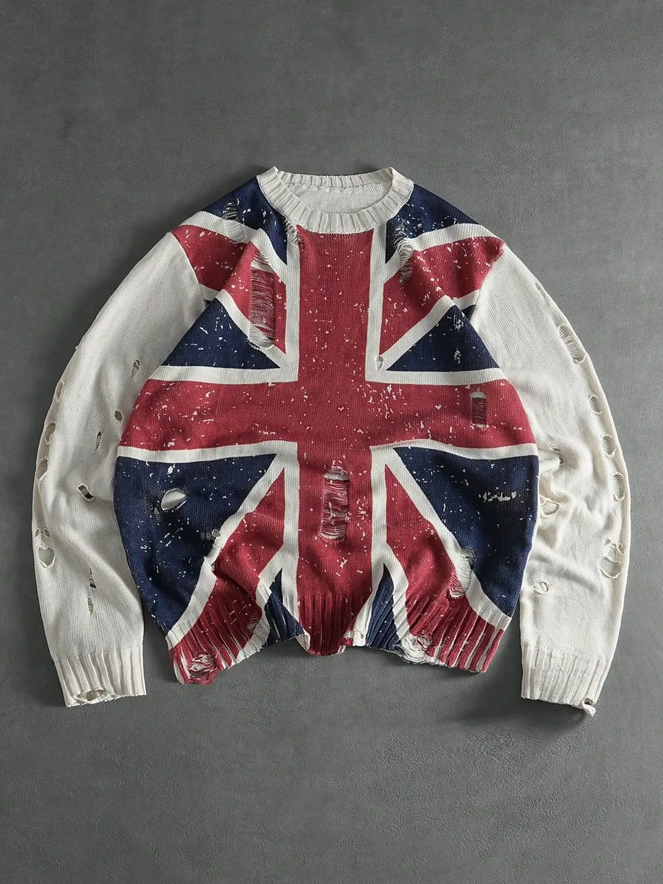 Spring Casual Pattern Men's Fashion Round Neck Long Sleeve Flag Print Knitted Ripped Sweater, Comfortable and Stylish Design