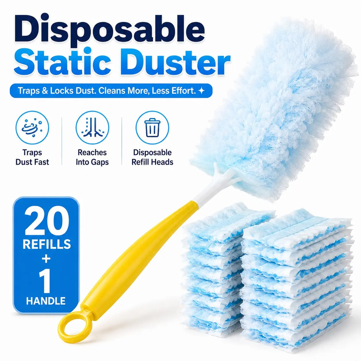 21-Piece Static Dusting Kit, Includes 20 Blue Electrostatic Cloths & 1 Handle, Ideal for Home & Car Cleaning, Replaceable Heads, Multi-Functional Tool