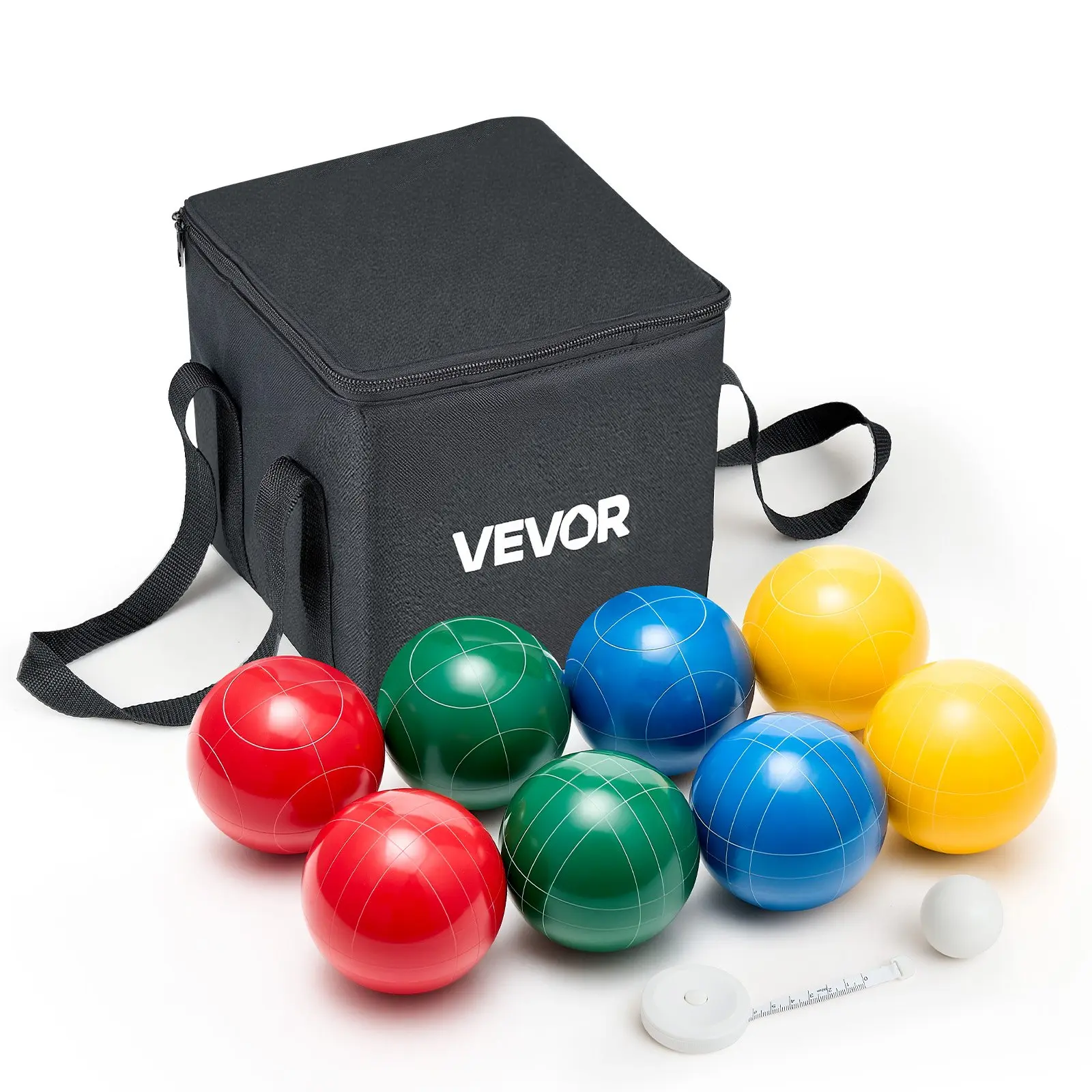 VEVOR Bocce Ball Set, 107 mm, with 8 Resin Balls, Pallino, Carrying Bag and Measuring Rope, Red/Green/Blue/Yellow 4 Colors, for 2 to 8 Players, Bocce Ball Game Set for Beach, Lawn, Family Backyard