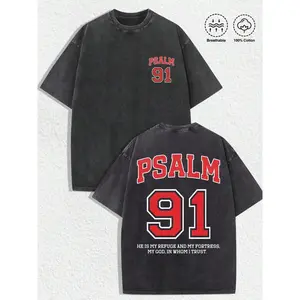 1 PCS Christian "Psalm 91" Graphic Tee: Featuring Bold "PSALM 91" Letter Prints, Biblical Verse "HE IS MY REFUGE AND MY FORTRESS, MY GOD, IN WHOM I TRUST", And A Distressed Vintage Finish, Perfect For Infusing Spiritual & Nostalgic Vibes Into Outfits Duri