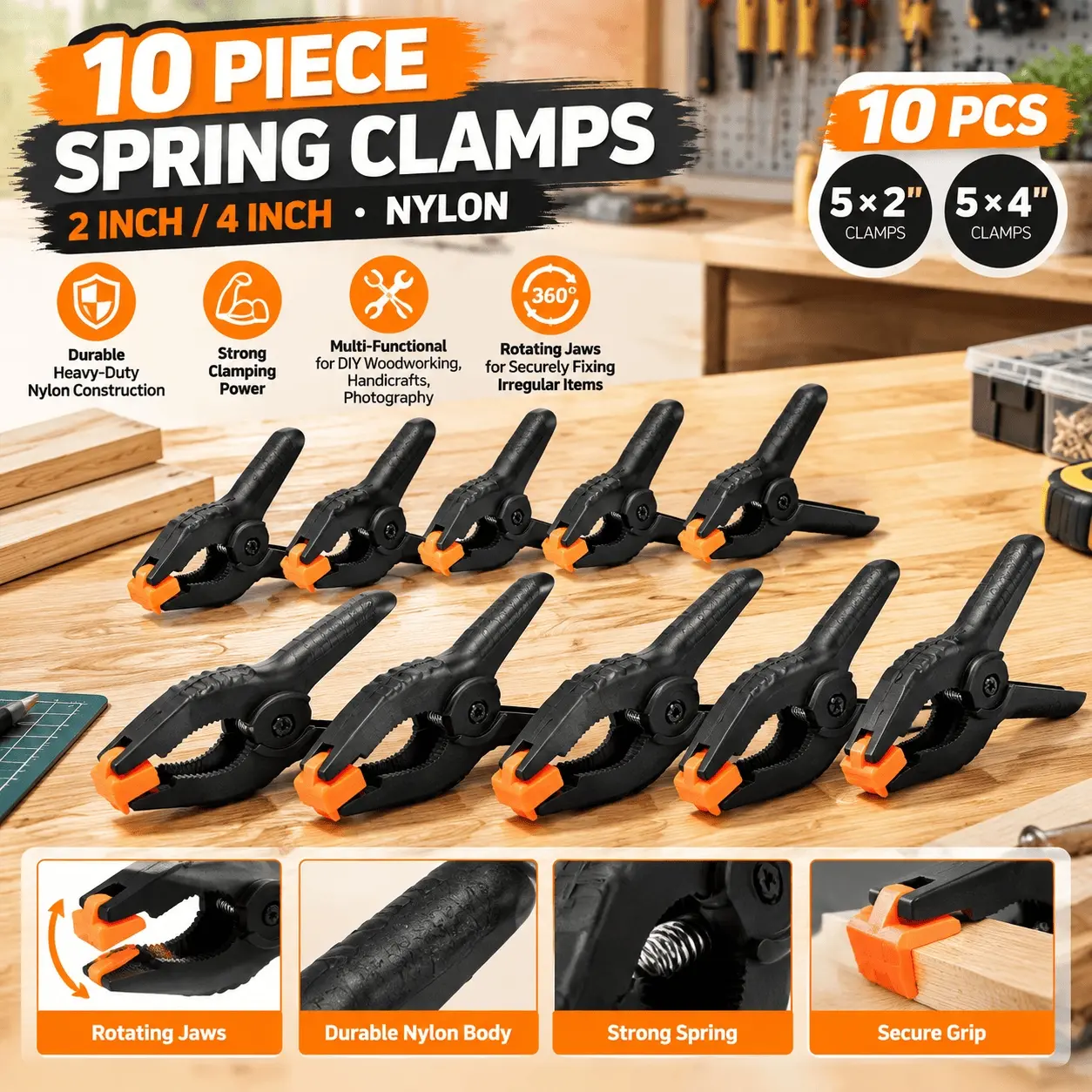 10PCS 360 Degree Rotating Spring Clamp, Plastic, for Holding Materials in Place