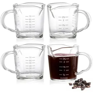 4 Pack Double Spouts Measuring Cups Espresso Shot Glass with Handle, 2.5 Oz Mini Milk Triple Pitcher Barista Clear Graduated Cups for Coffee, , Bar, Party