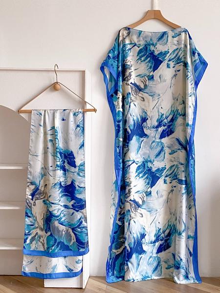 Women's Fashion Print Long Robe Set, Moomoo Dress + Scarf Headband, Casual Woven Fabric, Thin All-Season Wear, Beach Sun Protection