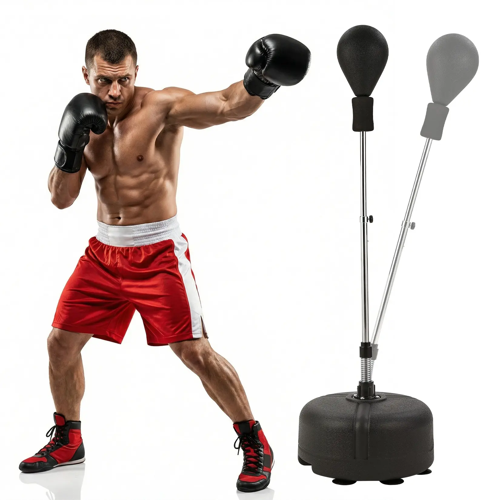 Adjustable Punching Bag Set Only, height adjustable from 125-145cm. Equipped with 24×27cm PU/PVC ball, stable HDPE base and steel spring stand. Portable boxing gear suitable for adults and beginners
