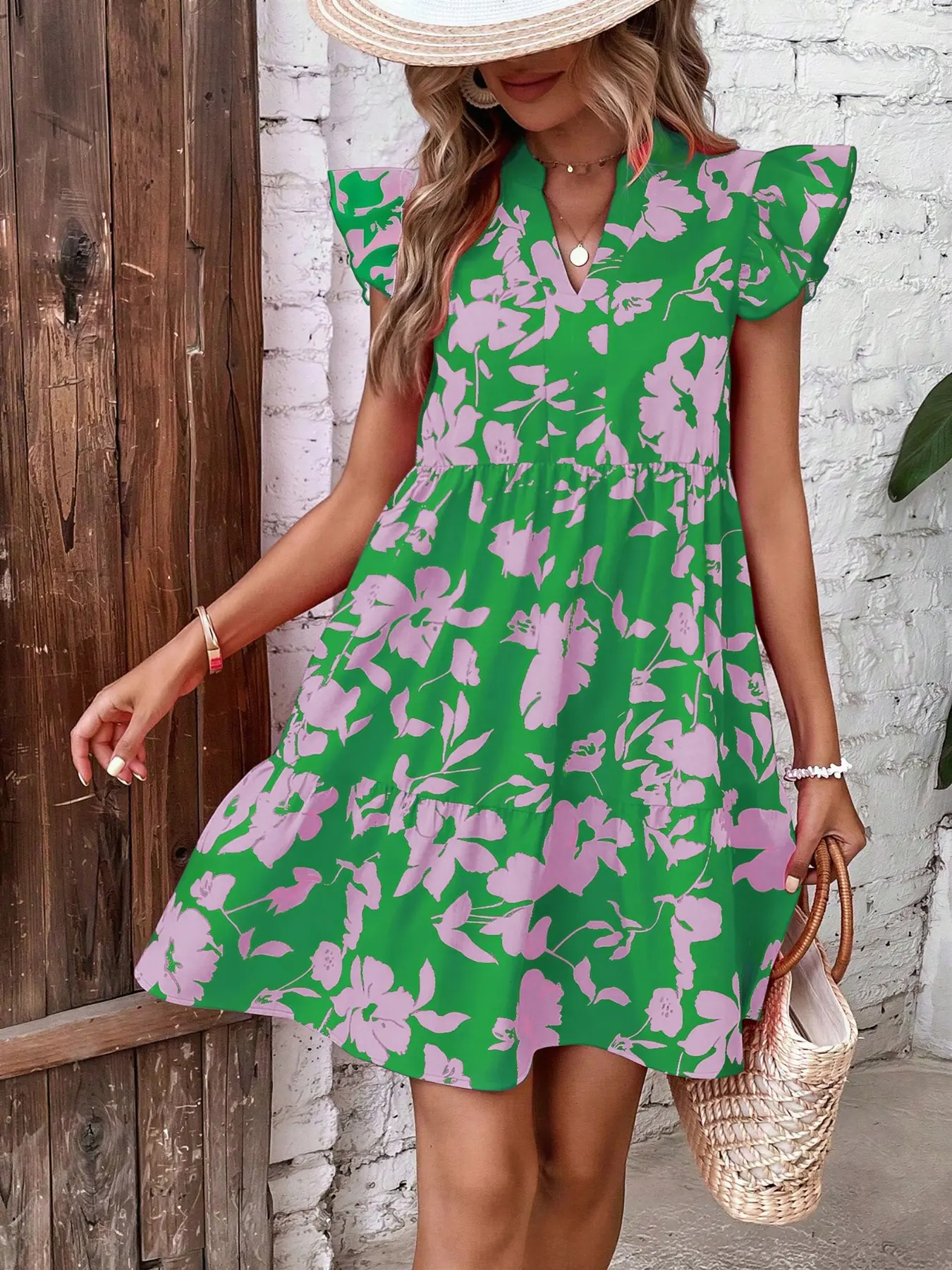 Women's Fashion Collared Floral Dress, V-Neck Flutter Sleeve Tiered Mini Dress, Boho Summer Holiday Summer Outfit for Daily Casual, Beach and Vacation Wear