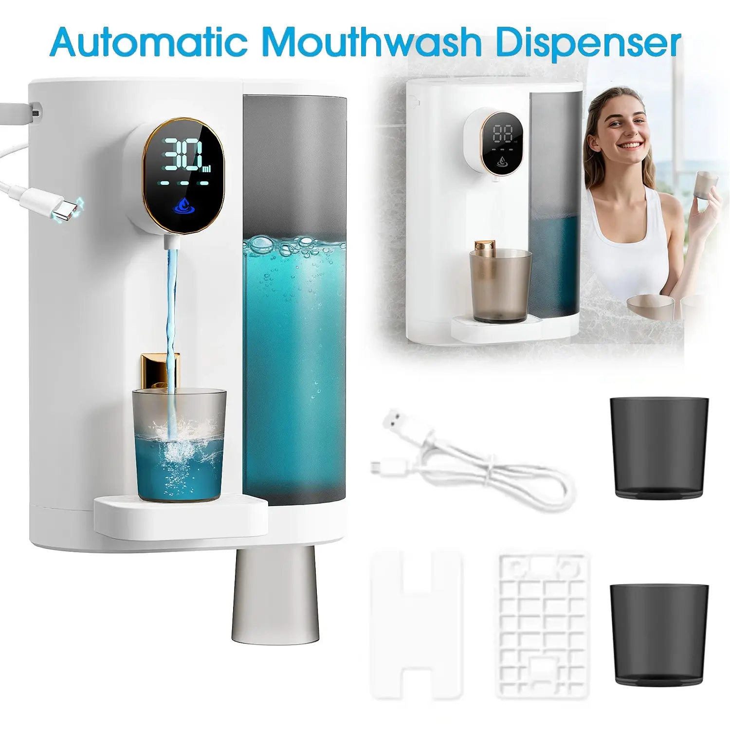 Electric Mouthwash Dispenser 600ML, Liquid Dispenser, Desktop/wall-Mounted, LED Display, Magnetic Cups, Touch Control, Bathroom Installation