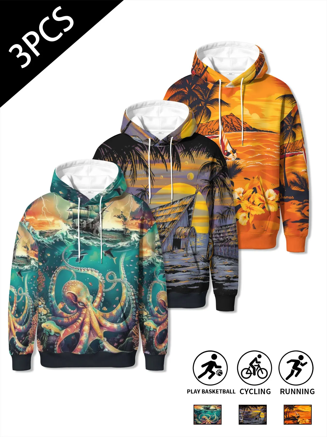 3-Pack Men's Hooded Sweatshirts, Ocean Octopus All-Over Print, Casual Long Sleeve, Fitted, Washed Design, All Seasons
