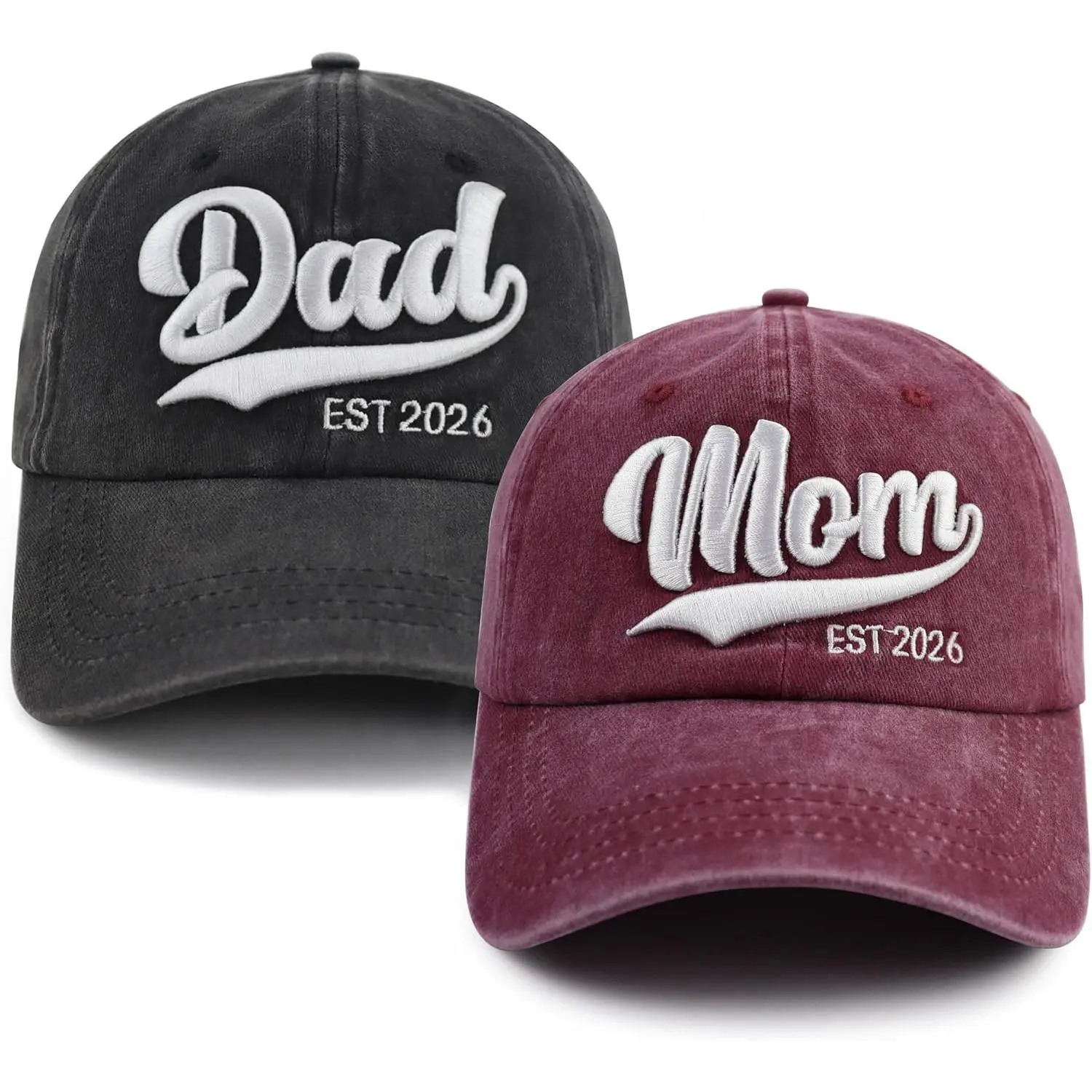 2 Pack Mom Dad Matching Baseball Caps EST 2026, Trendy Embroidered Parent Hats with 3D Stitching, Adjustable Soft Cotton Dad Hats, Personalized New Parent Gift for Baby Shower, Newborn Announcement, Family Photos & Everyday Casual Wear