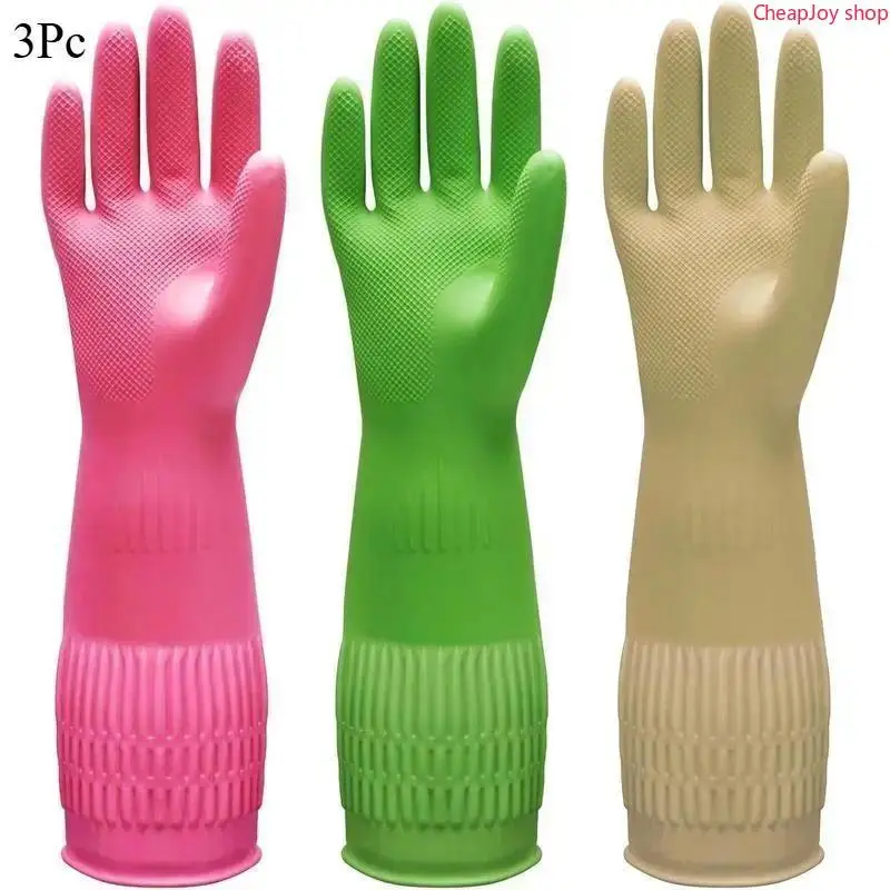 Antislip Protection Large Rubber Dishwashing Gloves - 3/1 Pairs, 15" Long Cuff, Flexible Long-Lasting, for Kitchen Household Cleaning (Red+Yellow+Green, X-Large), Antislip Cleaning Gloves, Large Cleaning Gloves Hand Cover