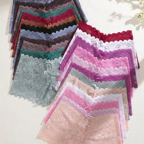 Women's 25pcs Plain Contrast Lace Boyshort, Elegant Chic Pastel Bow Decor Scallop Trim Jersey Panty for Daily Wear, Lingerie, Underwear for Women, Panty Shorts Panties for Womenladies Pastel Underwear for All Seasons, Womenswear, Fitted Panties