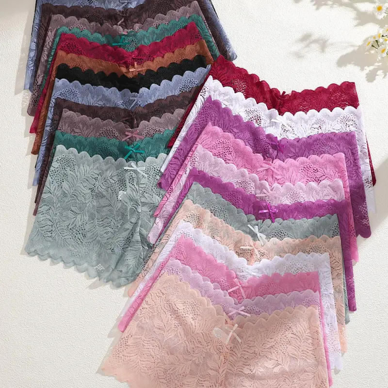 Women's 25pcs Plain Contrast Lace Boyshort, Elegant Chic Pastel Bow Decor Scallop Trim Jersey Panty for Daily Wear, Lingerie, Underwear for Women, Panty Shorts Panties for Womenladies Pastel Underwear for All Seasons, Womenswear, Fitted Panties