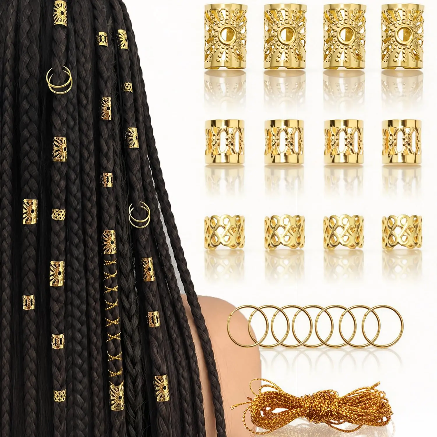 100 count  Hair  for Braids, Loc Accessories Set | 5 Styles Braid Cuffs Rings Clips & Hair Strings for , Twists and Dreadlocks, Adjustable Hair Decorations for Women Girls