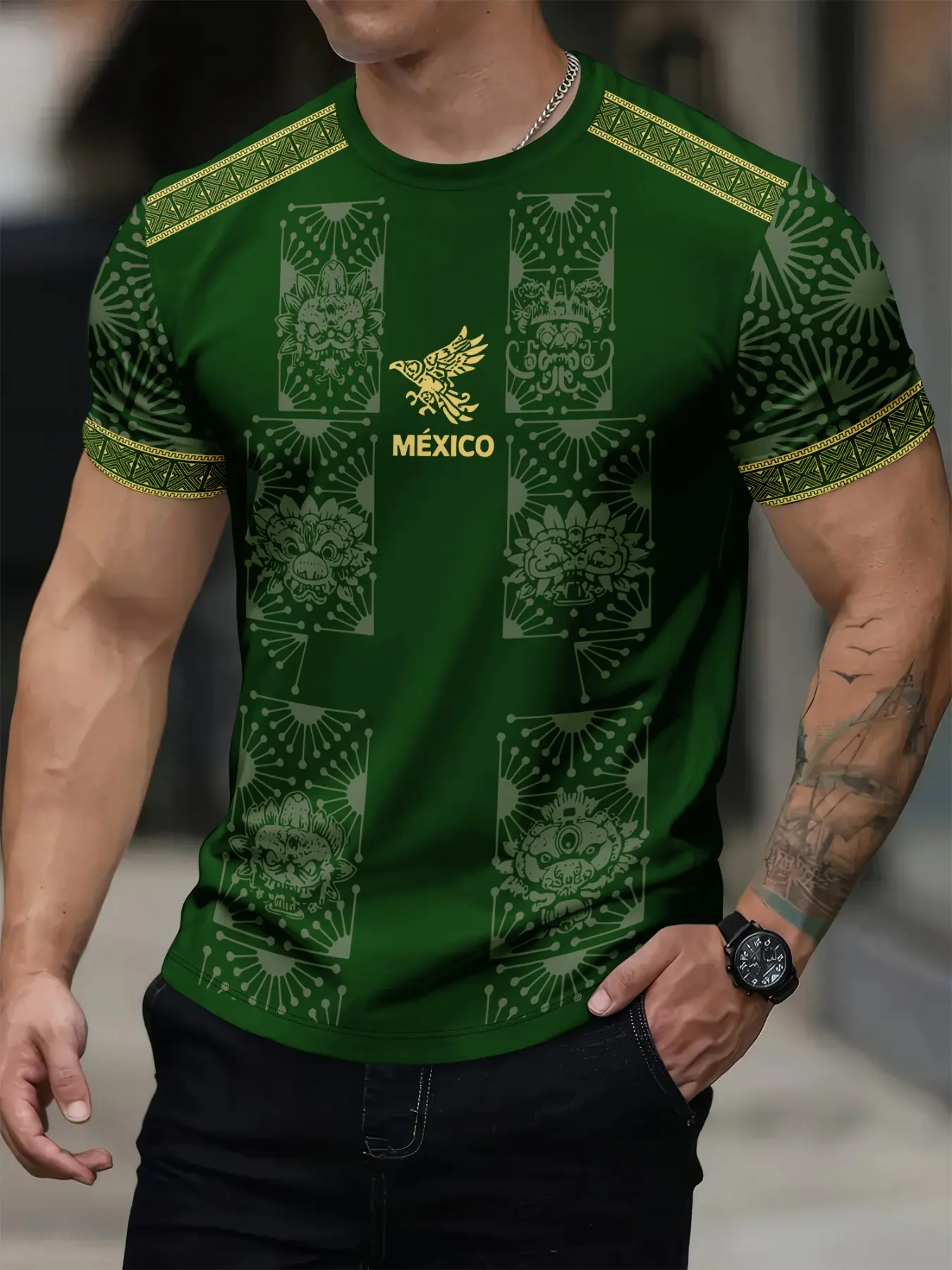 Men's Mexican Aztec Cultural Pattern T-Shirt, Vintage Classic Tribal Print Graphics Round Neck Short Sleeve Top, Breathable Casual Streetwear, Casual Fashion Wear, All Seasons