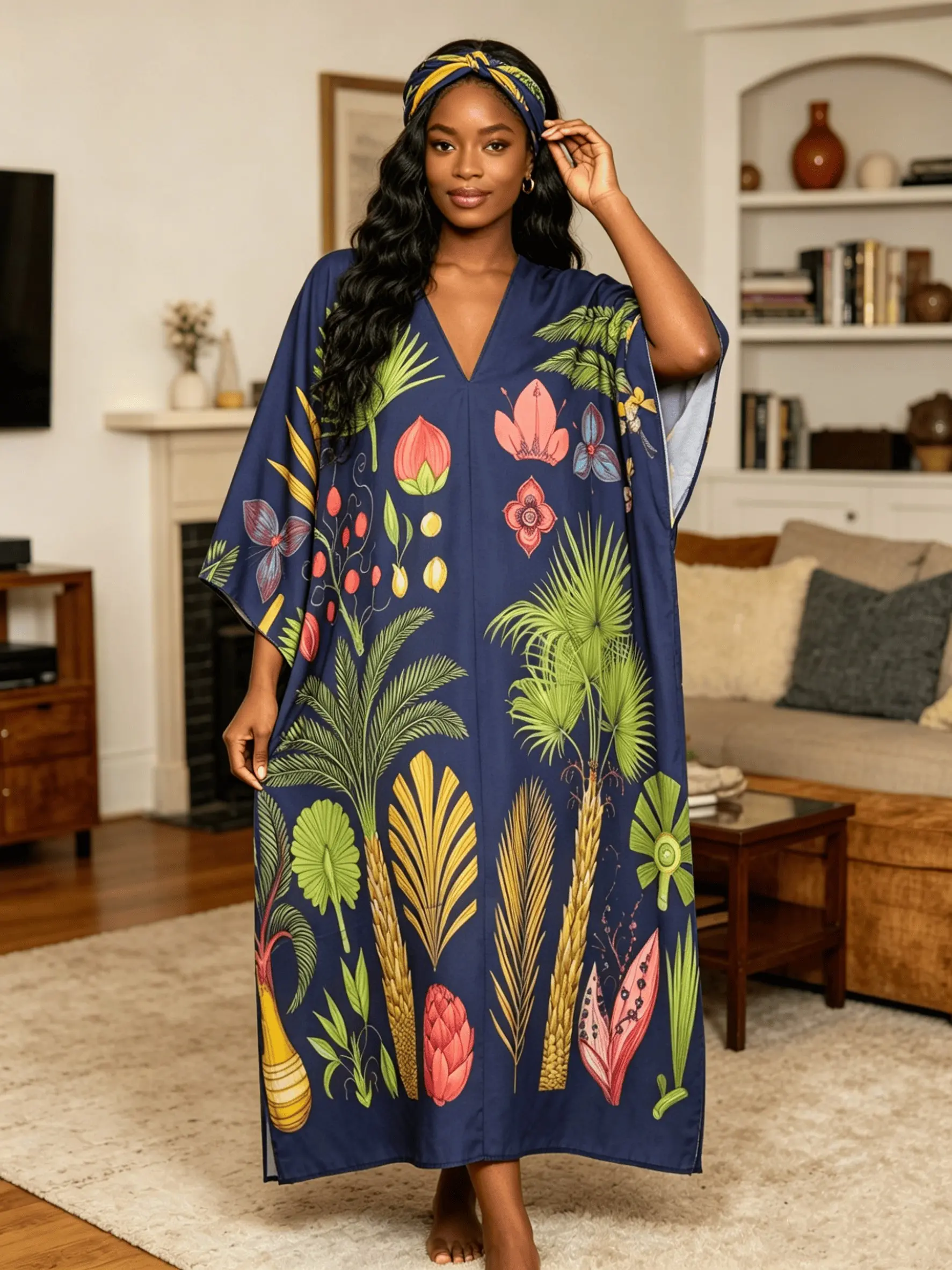 Navy Blue Tropical Palm Leaf Floral Gold Rhinestone Embellished Kaftan Dress for Women, Plus Size Muslim Abaya with Matching Headband, V Neck Batwing Sleeve Maxi Caftan, Modest Beach Cover Up, Dubai Style Islamic Robe for Vacation, Eid & Party Loungewear
