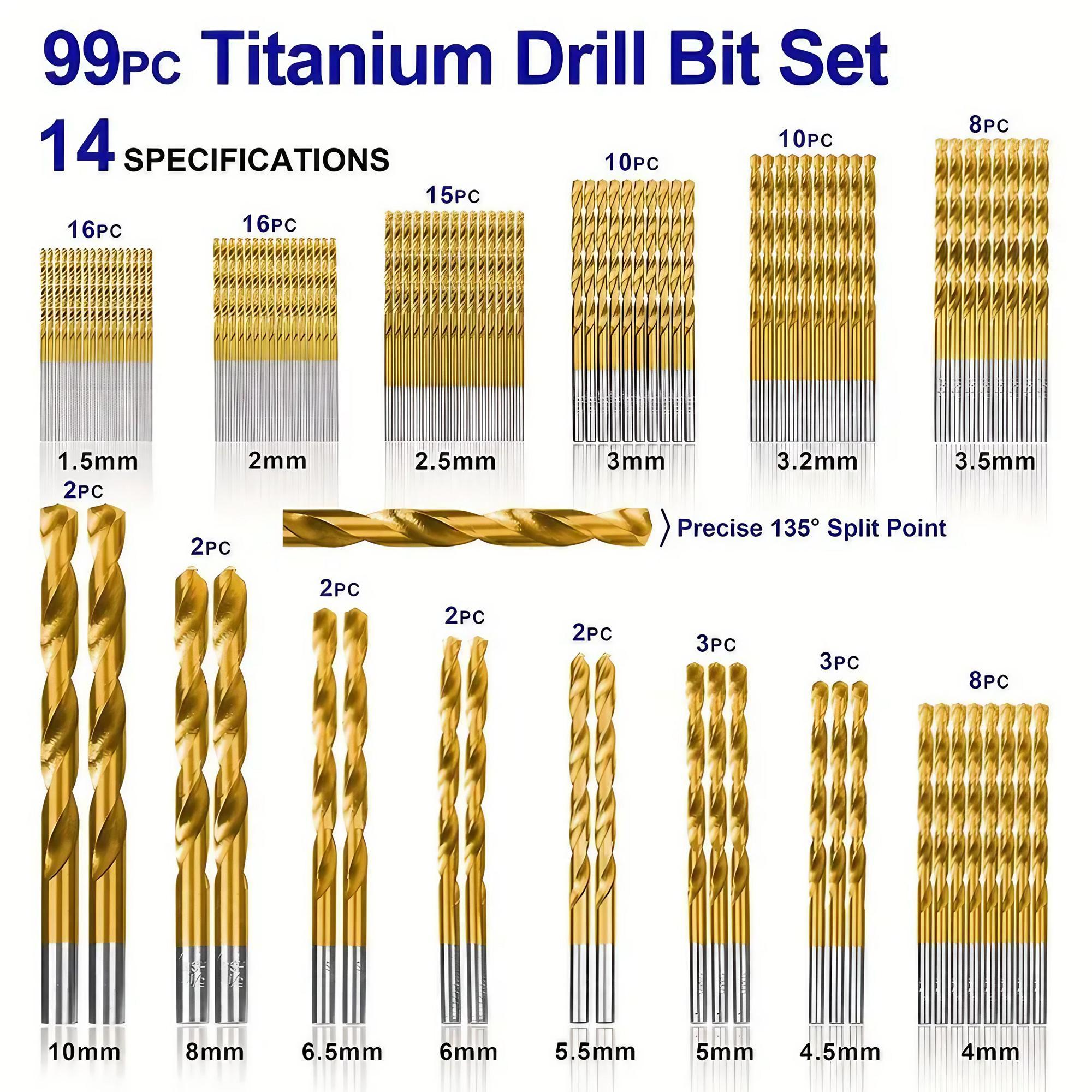 High-Speed Steel Titanium-Plated Drill Bit Tool Set, 99pcs/set Straight Shank Twist Drill Bit Kit, Woodworking Drill Bit Set