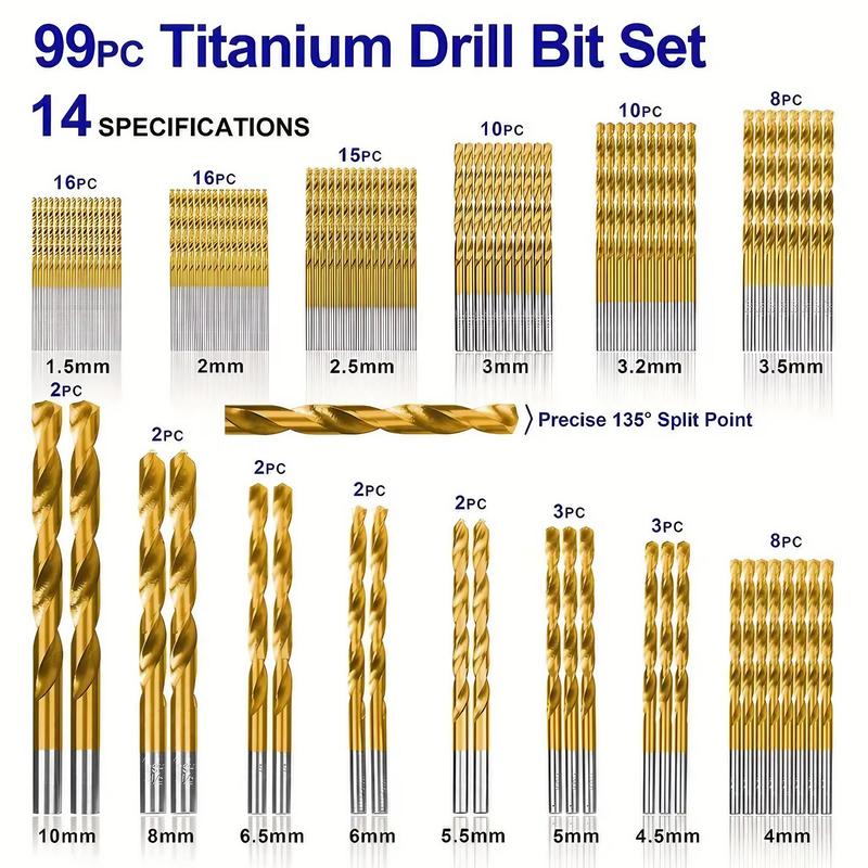 High-Speed Steel Titanium-Plated Drill Bit Tool Set, 99pcs/set Straight Shank Twist Drill Bit Kit, Woodworking Drill Bit Set