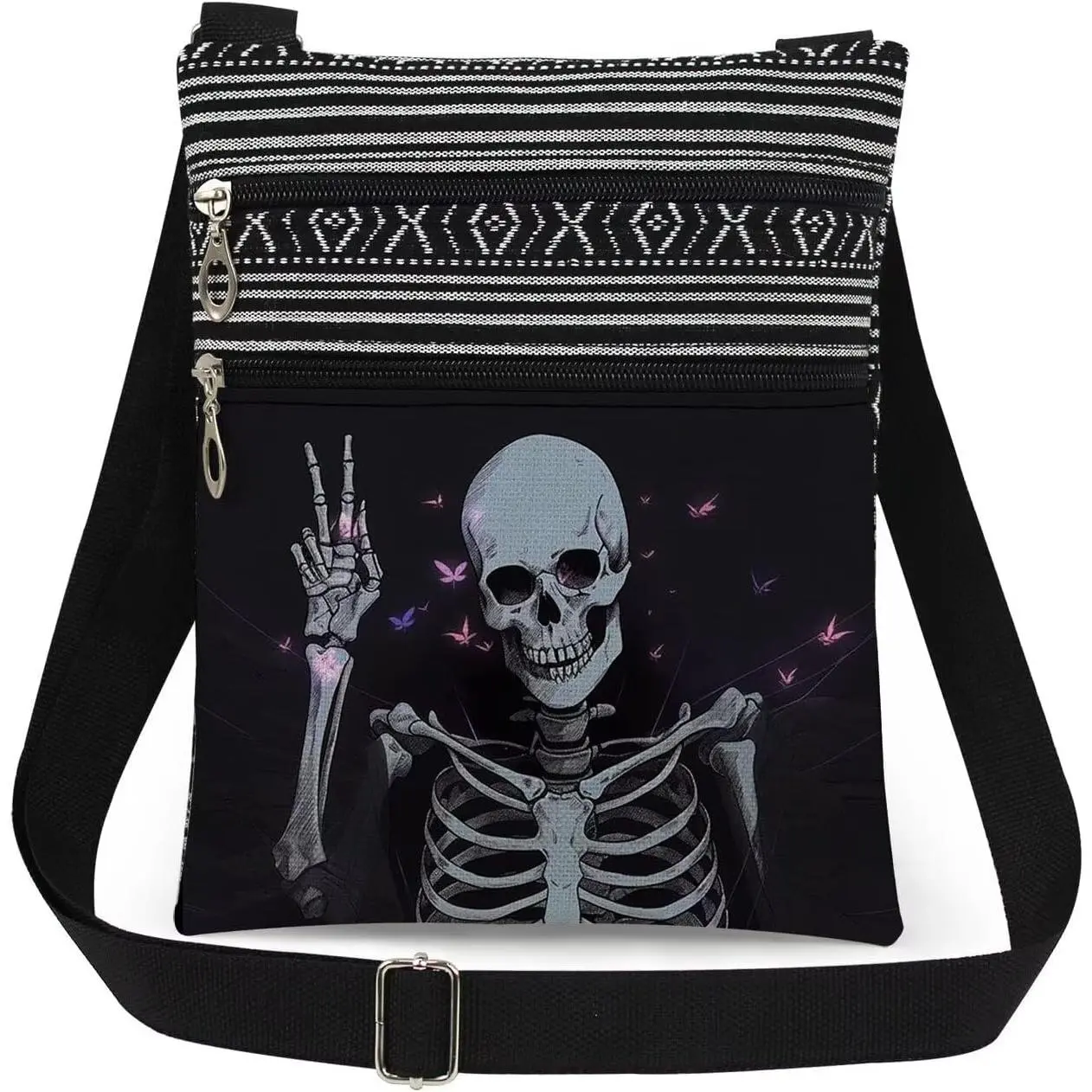 Gothic Skeleton Print Women Crossbody Bag - V Gesture Butterfly Design Men Adjustable  Strap Messenger Bag Birthday  Holiday Present​​ for Skull Lover