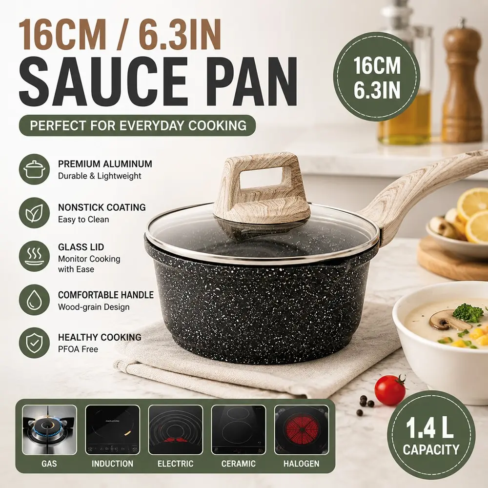 16cm Non-Stick Aluminum Soup Pot with Glass Lid, Baby Food Milk Cooker, Suitable for Soups and Oatmeal, Compatible with All Stoves, Saucepan with Lid