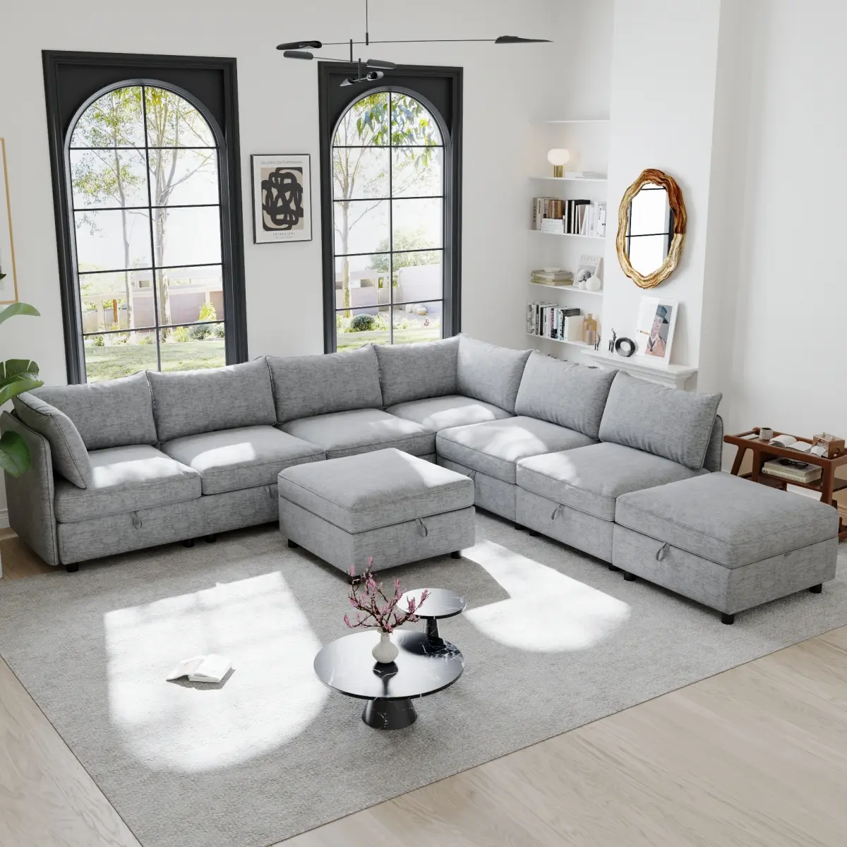 129" Convertible Modular Sectional Sofa with Storage Seats, 8-Seat Sleeper Sofa Set, Flexible Chenille Combination Couch for Living Room, WL