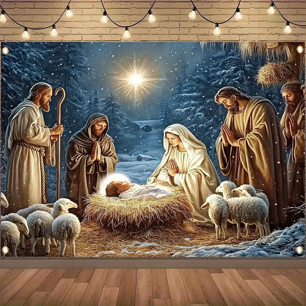 Christmas Nativity Backdrop, Religious Holiday Banner Featuring Manger Scene Design, Polyester Wall Decor For Winter Parties, Home Decoration, Church Events And Photo Booth Background