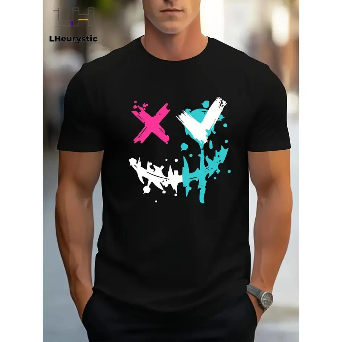 Unisex Abstract Paint Splatter & Checkmark Print Round Neck Shortsleeve Casual T-Shirt, Urban Streetwear Menswear Sports Top, Black White, Sizes Up to 3XL, Relaxed Fit, Graphic Print, Cold Wash, Casual Tee, Sporty Chic