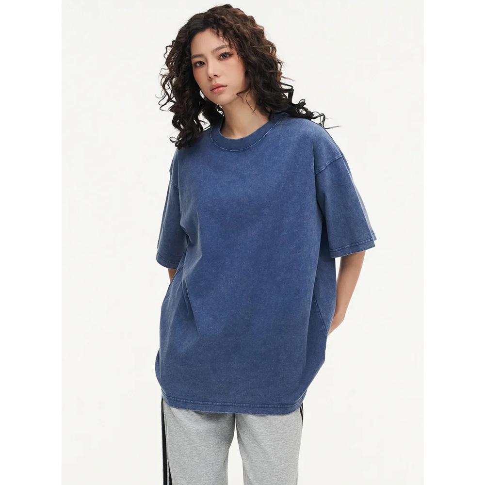 Solid  Color  2-Pack  230G  100%  Cotton Retro T-shirt Drop-shoulder Sleeve Men Women Vintage Short-sleeve T Shirts r Hip Hop Loose Tees