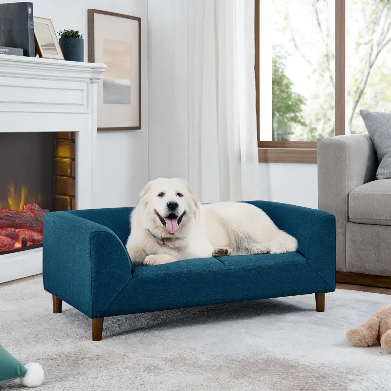 Blue 1-Seat Foam Pet Sofa with Armrests, Backrests & Short Legs - Rubber Wood-Plywood-Sponge Frame, Sponge-Cloth Soft Cushion, Contemporary Rectangular Dog Furniture for Medium/Large Dogs, Living Room Use