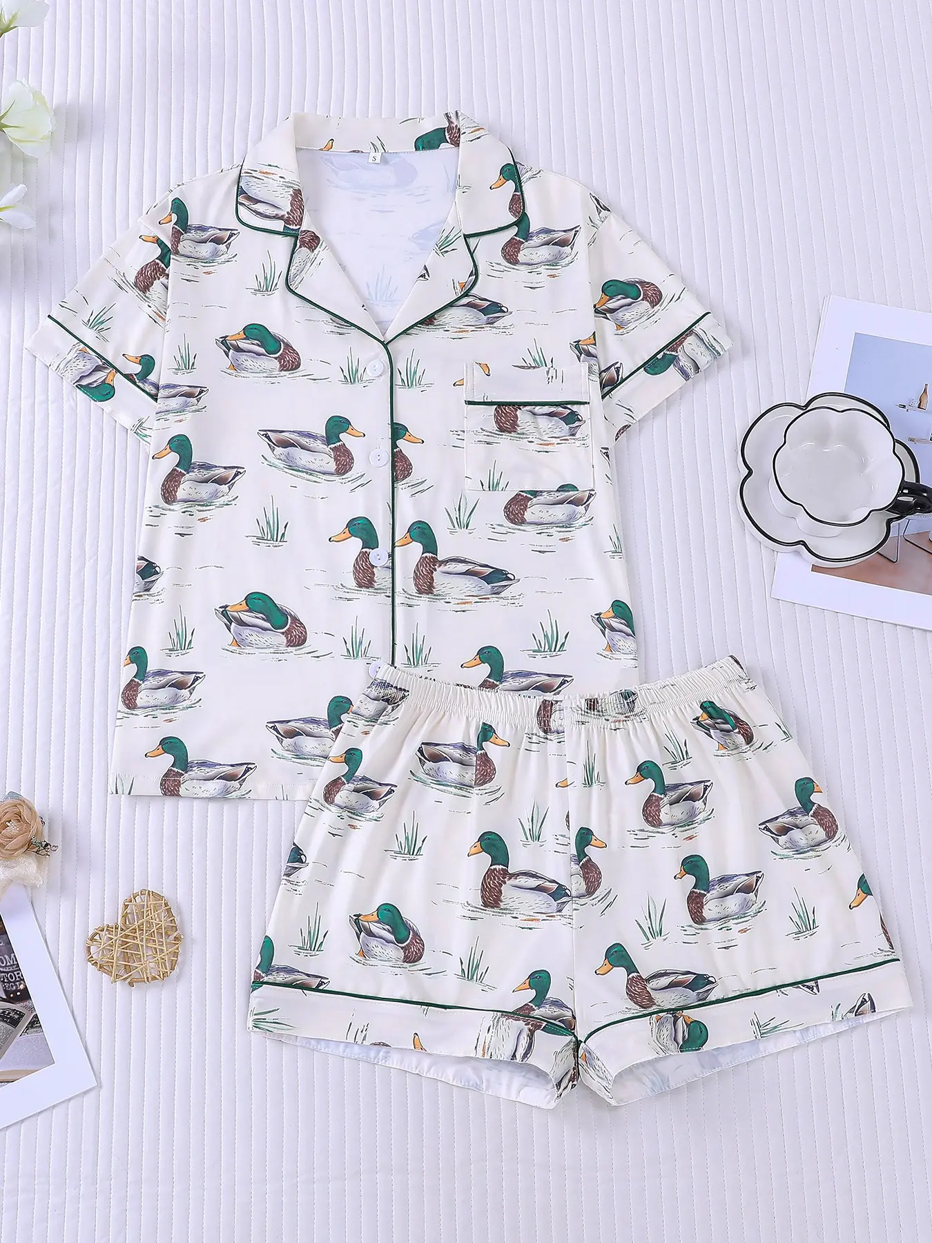 Women's 2-Piece Pajama Set, Mallard Duck & Grass Print on Cream Base, Dark Green Contrast Piping, Lapel Top with Chest Pocket & Elastic Waist Shorts, Casual Loungewear for All Seasons