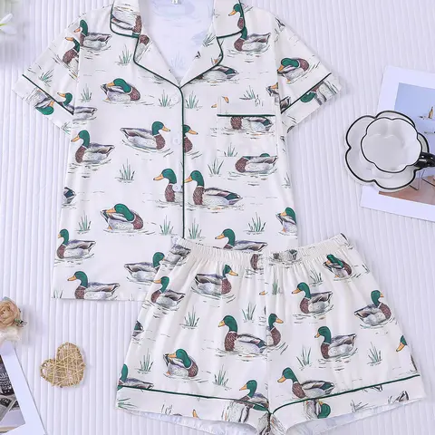 Women's 2-Piece Pajama Set, Mallard Duck & Grass Print on Cream Base, Dark Green Contrast Piping, Lapel Top with Chest Pocket & Elastic Waist Shorts, Casual Loungewear Pjs for All Seasons, Summer Lounge Set