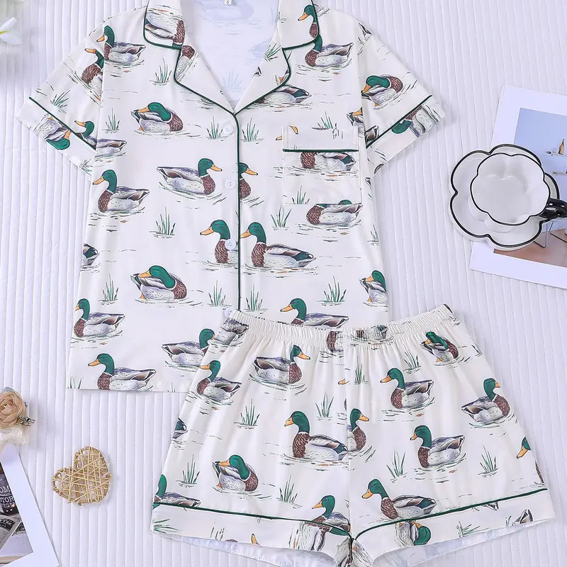 Women's 2-Piece Pajama Set, Mallard Duck & Grass Print on Cream Base, Dark Green Contrast Piping, Lapel Top with Chest Pocket & Elastic Waist Shorts, Casual Loungewear Pjs for All Seasons, Summer Lounge Set