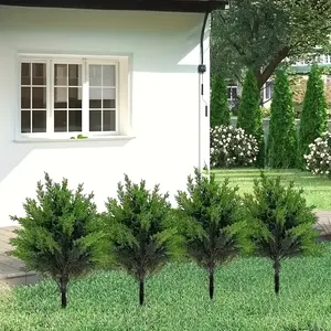 4Pcs Artificial Cedar Topiary Ball Stakes | UV Resistant Faux Shrub Bushes for Outdoor Garden Decor