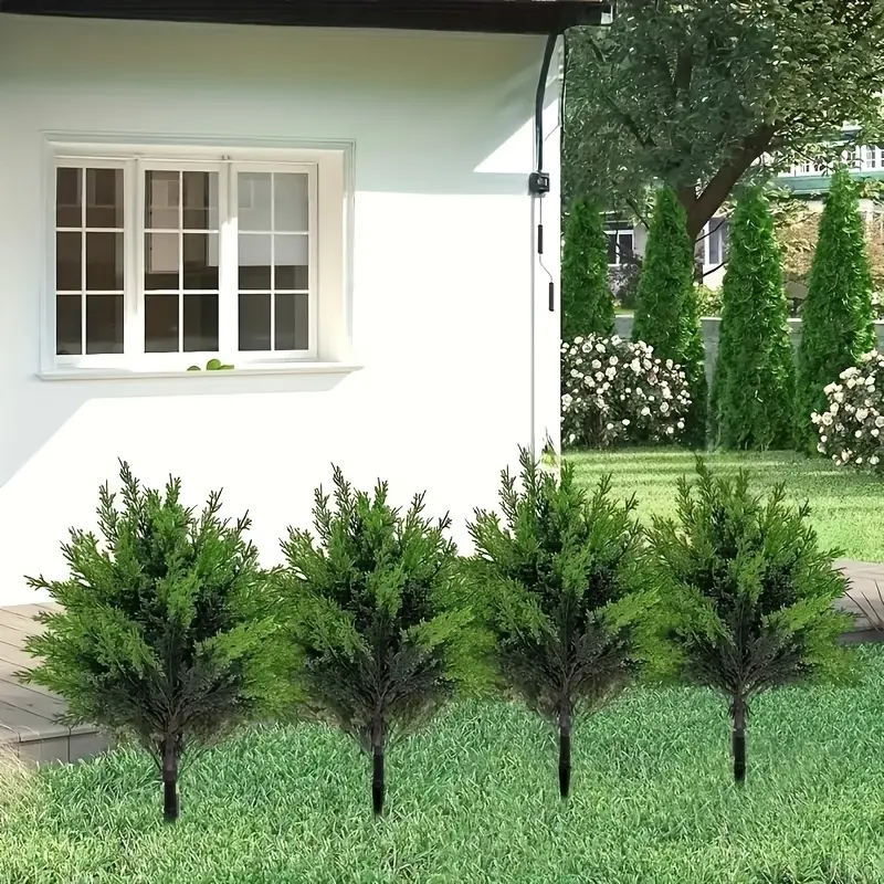 4Pcs Artificial Cedar Topiary Ball Stakes | UV Resistant Faux Shrub Bushes Artificial Shrubbery for Outdoor Garden Decor