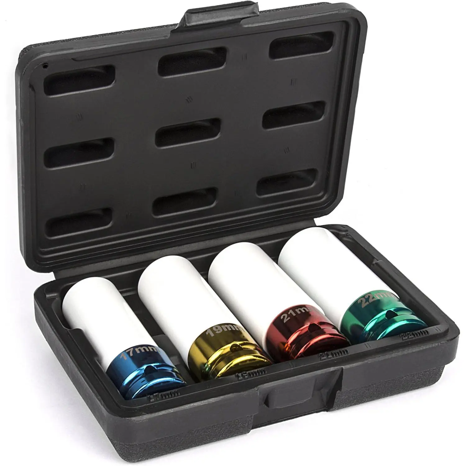 Lug Nut Socket Set, 4pc 1/2-Inch Drive Chrome-Moly Steel Non-Marring Impact Deep Hollow Core Color Coded Hand Tool