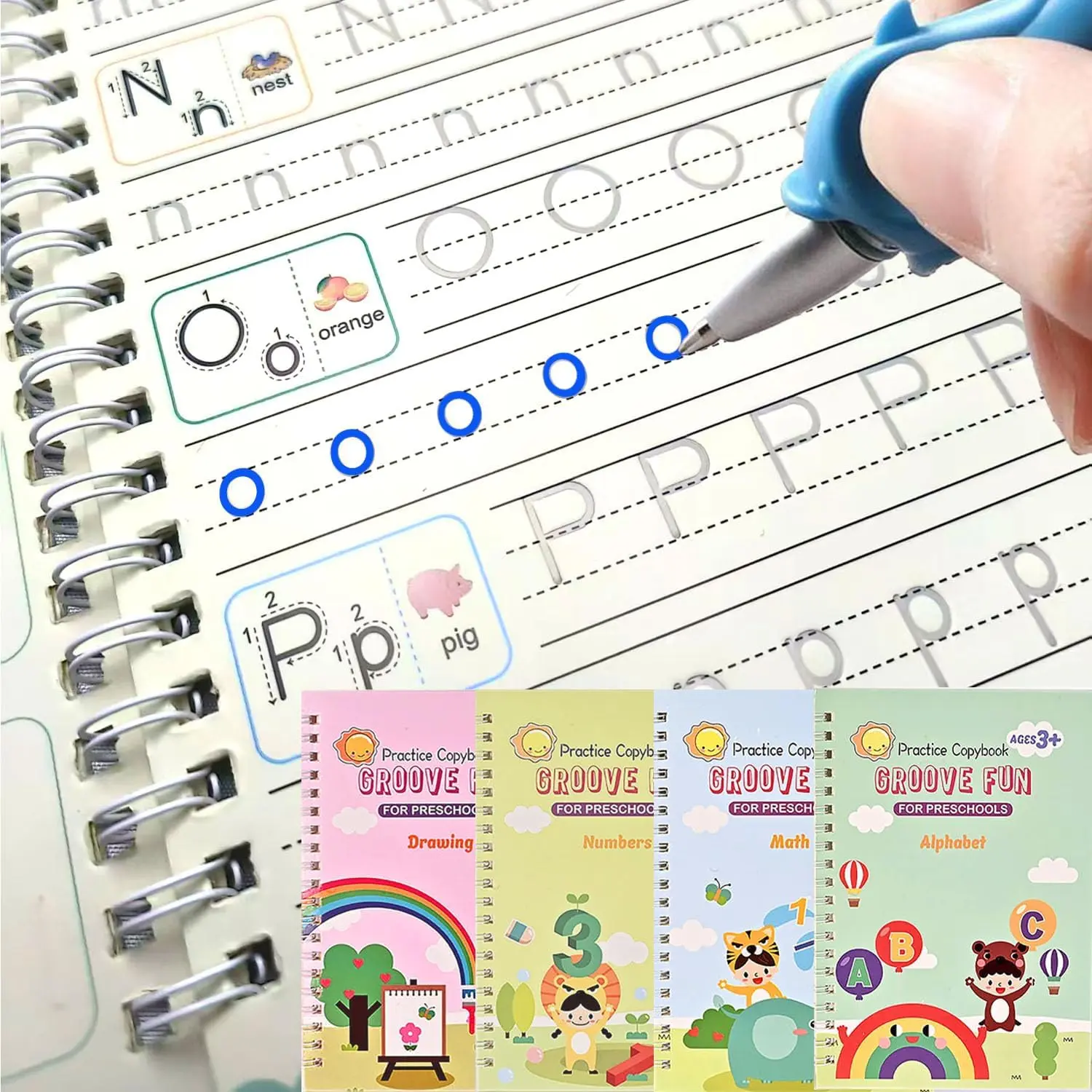 Magic Grooved Practice Copybook,  Letter Tracing Books | grooved writing books for  3-5, Handwriting Practice Book and  Learning Activities (4pc+Pens)(7.4in x 5.1in)