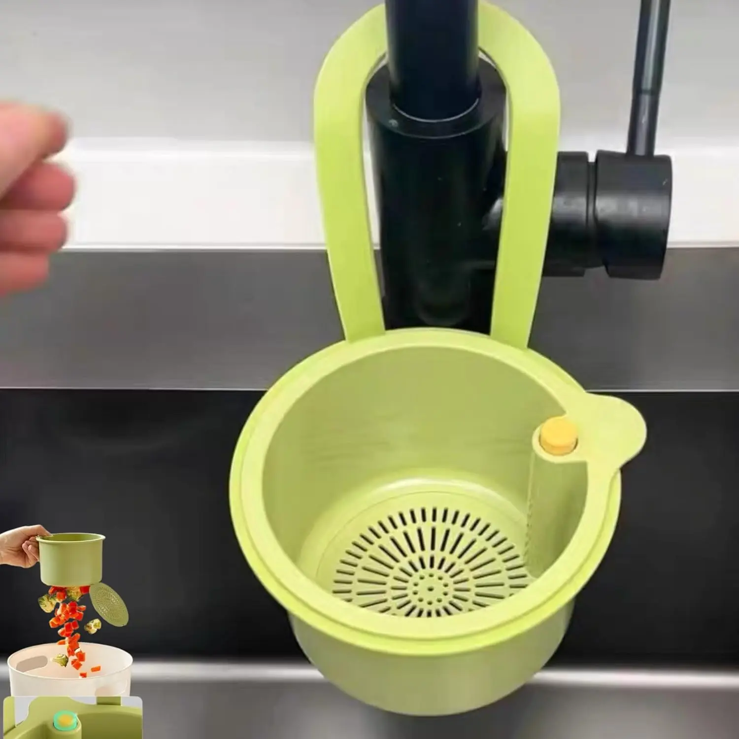 Sink Strainer Basket - Multifunction Hanging Sink Colander Drain Basket, Upgrade Quick Draining Kitchen Tool with Bottom Release Mess-Free Hands-Free Cleanup (Green)