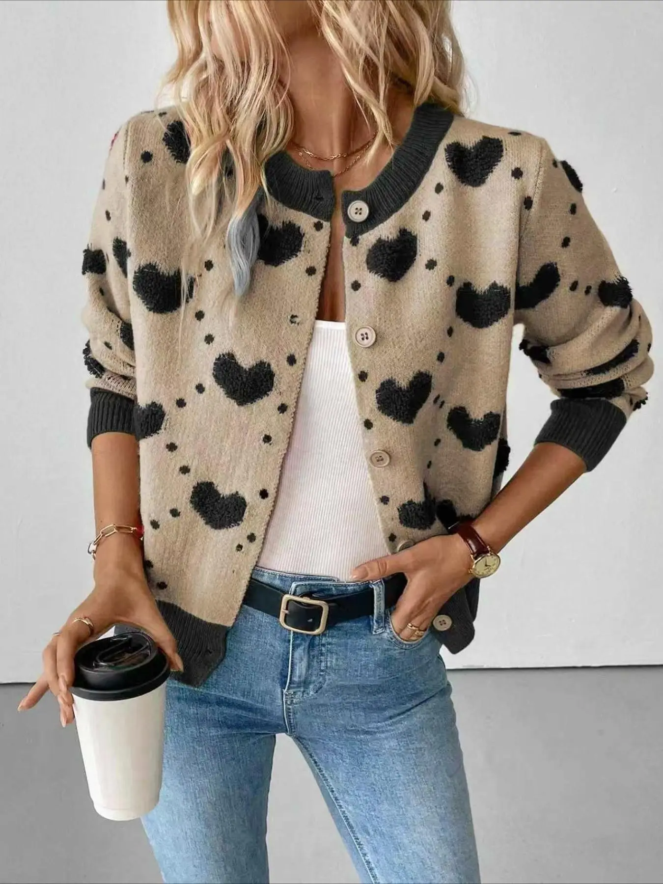 New Y2K Elegant Outdoor Women's Long Sleeve Heart Pattern Knit Cardigan, Soft Polar Fleece, Perfect for Spring, Fall, Winter