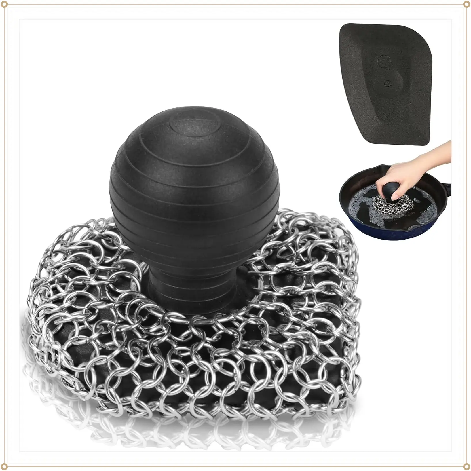 Cast Iron Cleaner Kit with 316 Chainmail Scrubber, Pan Scraper, and Dish Sponge - Chain Mail Scrubber for Cast Iron, Carbon Steel, Dutch Oven, Skillet, Pots & PansGift