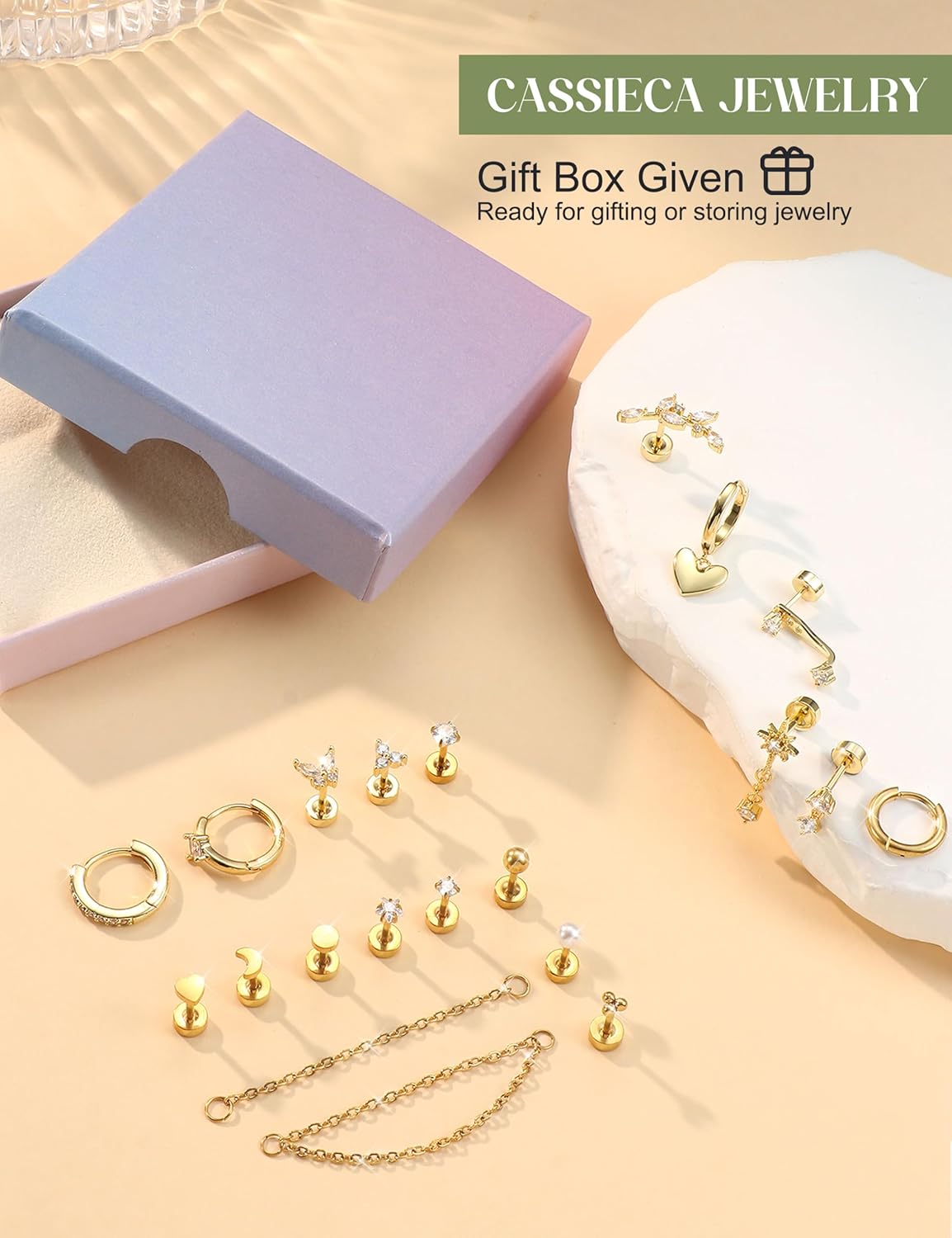 CASSIECA 21Pcs Piercing Ear Surgical Steel Helix Piercings Gold Silver Hoop Earrings Stud Set Cartilage Earrings Tragus Conch Helix Piercing Ear Jewelry