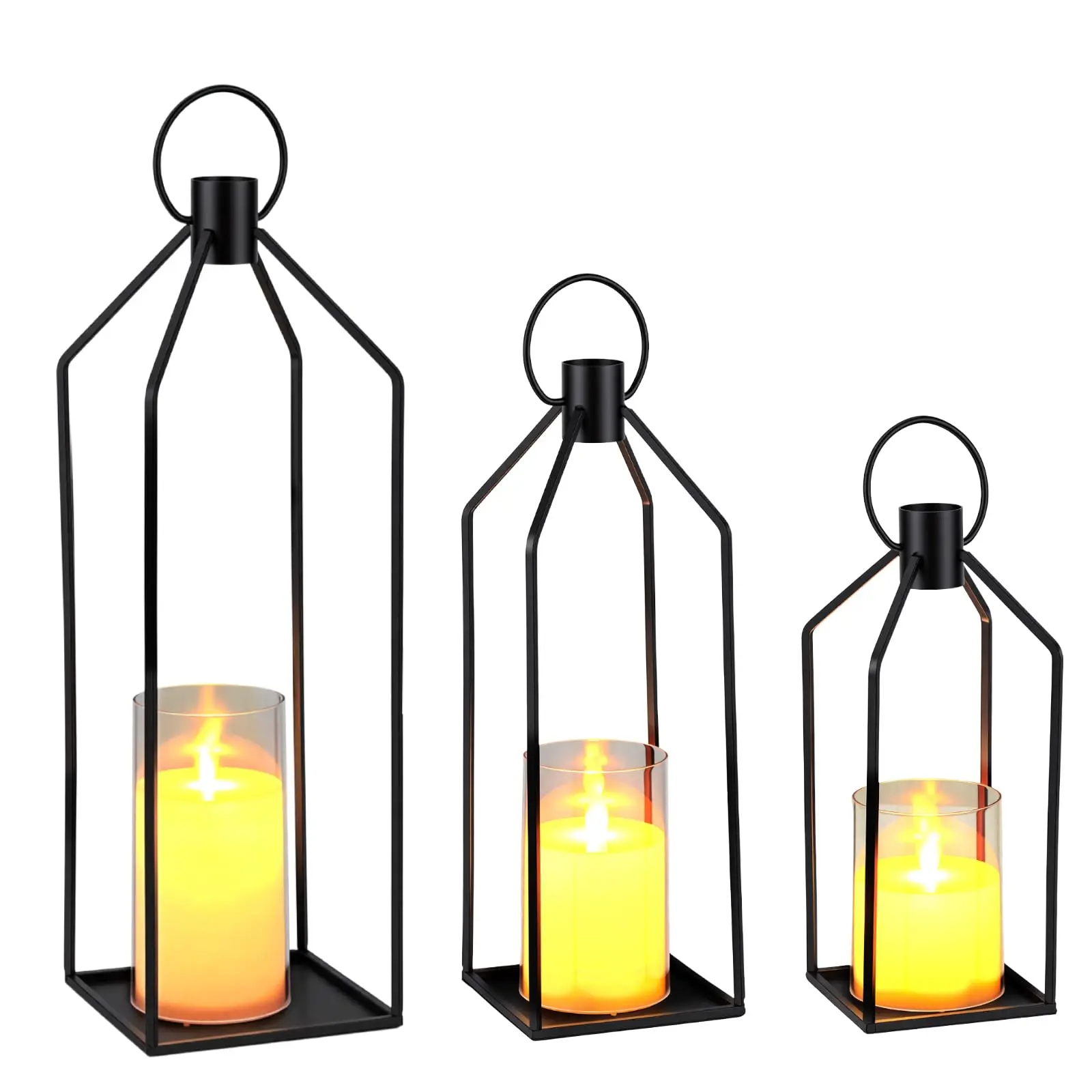 3PC LED Candle Lanterns – Metal with Flameless Flickering Candles, Remote , Indoor Outdoor Decorative Centerpiece ,Sizes 12, 15, 19in