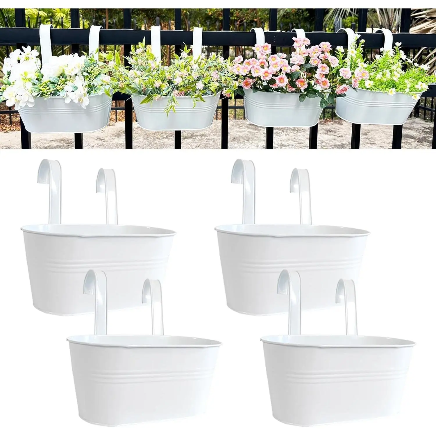 4 Pack 12" Metal Balcony Fence Railing Planters for Outdoor, Oval White, Detachable hooks, Drainage holes, Rustproof, Hanging flower pots, For railing / balcony / patio, For herbs blooms or veggies